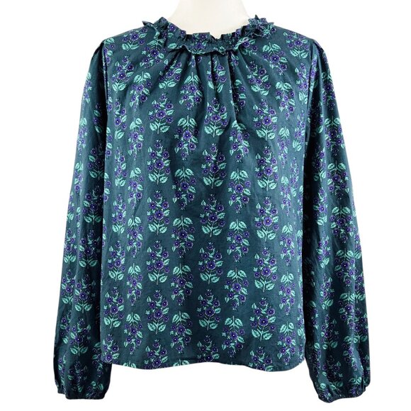 J. Crew Dark Teal Floral Long Sleeve Ruffleneck Poplin Blouse Romantic CD288 - Picture 1 of 10